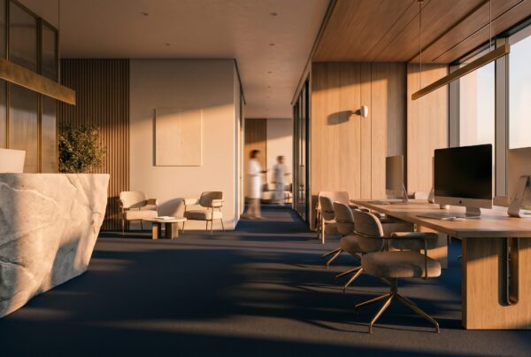 Bright modern clinic reception alongside a medical digital marketing strategy workspace with patient growth materials.