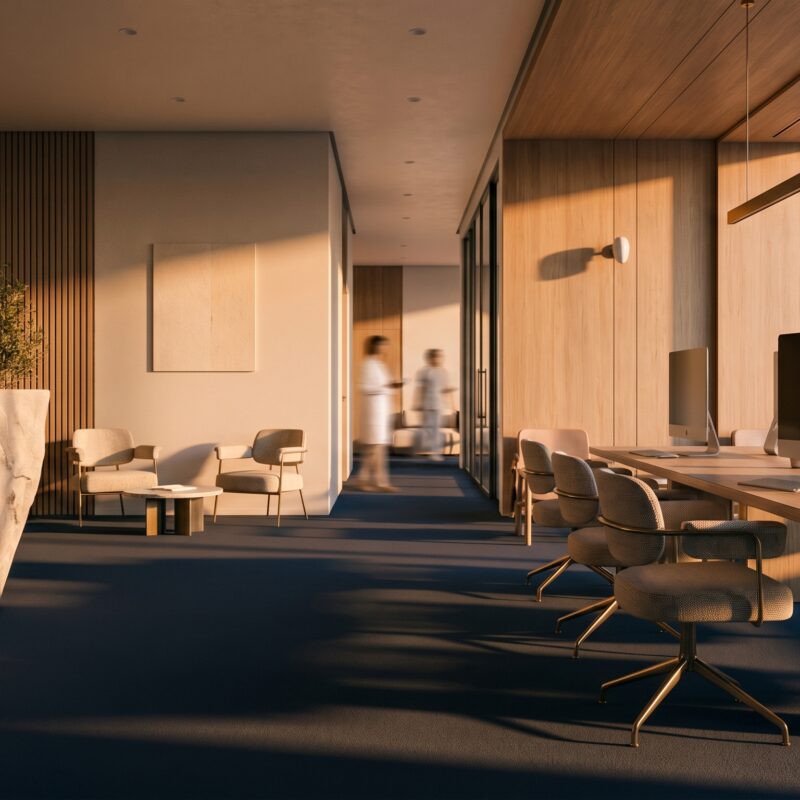 Bright modern clinic reception alongside a medical digital marketing strategy workspace with patient growth materials.