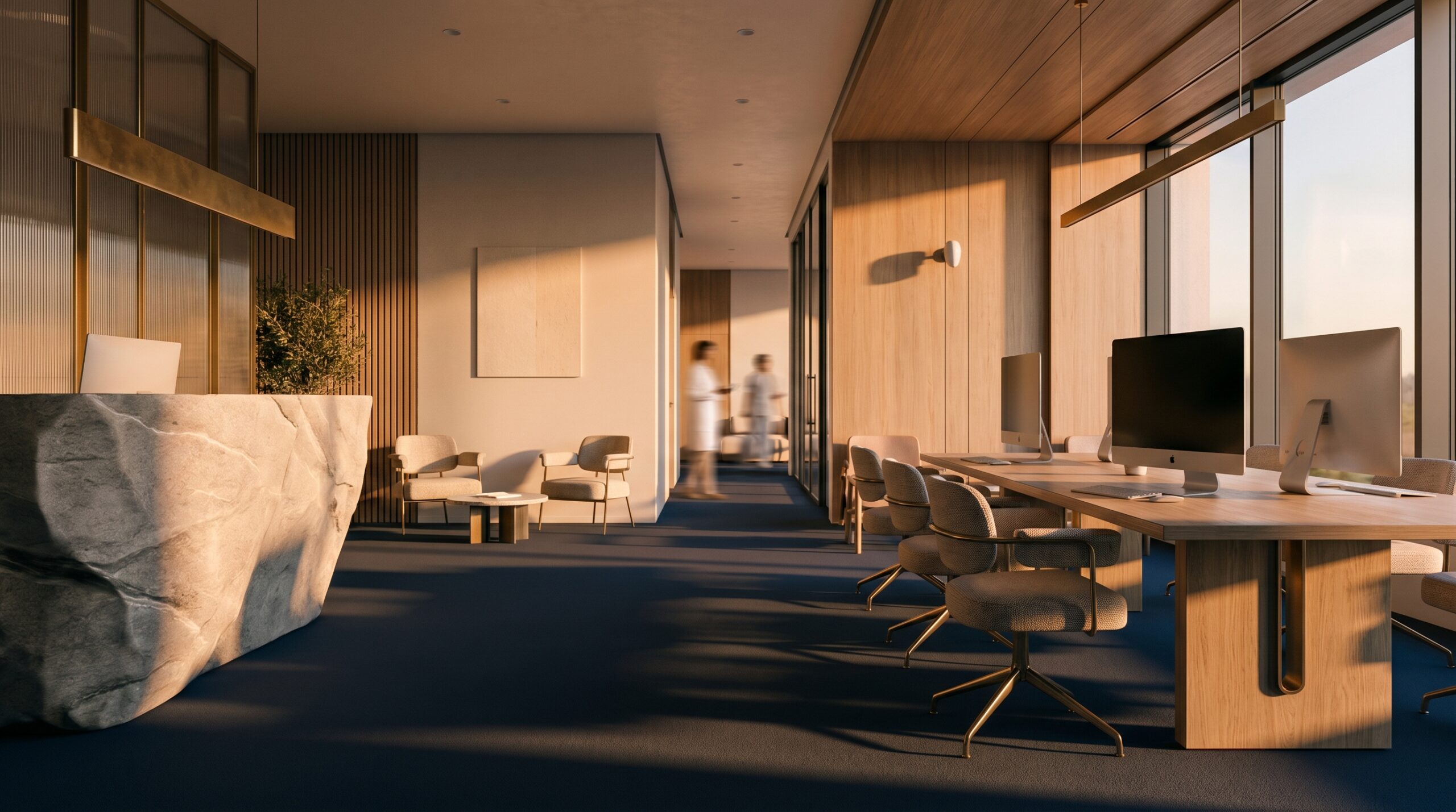 Bright modern clinic reception alongside a medical digital marketing strategy workspace with patient growth materials.