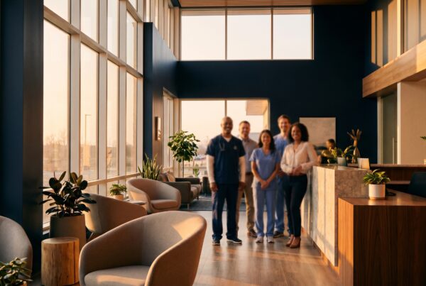 Cálida recepción de clínica con equipo médico diverso al fondo, promovida por agencia de marketing en salud.