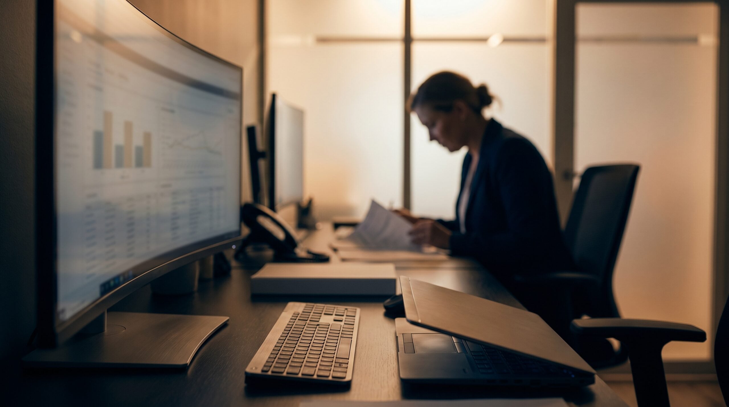 Clinician reviews data at a secure workstation using HIPAA-compliant AI in a clinic with warm lighting.