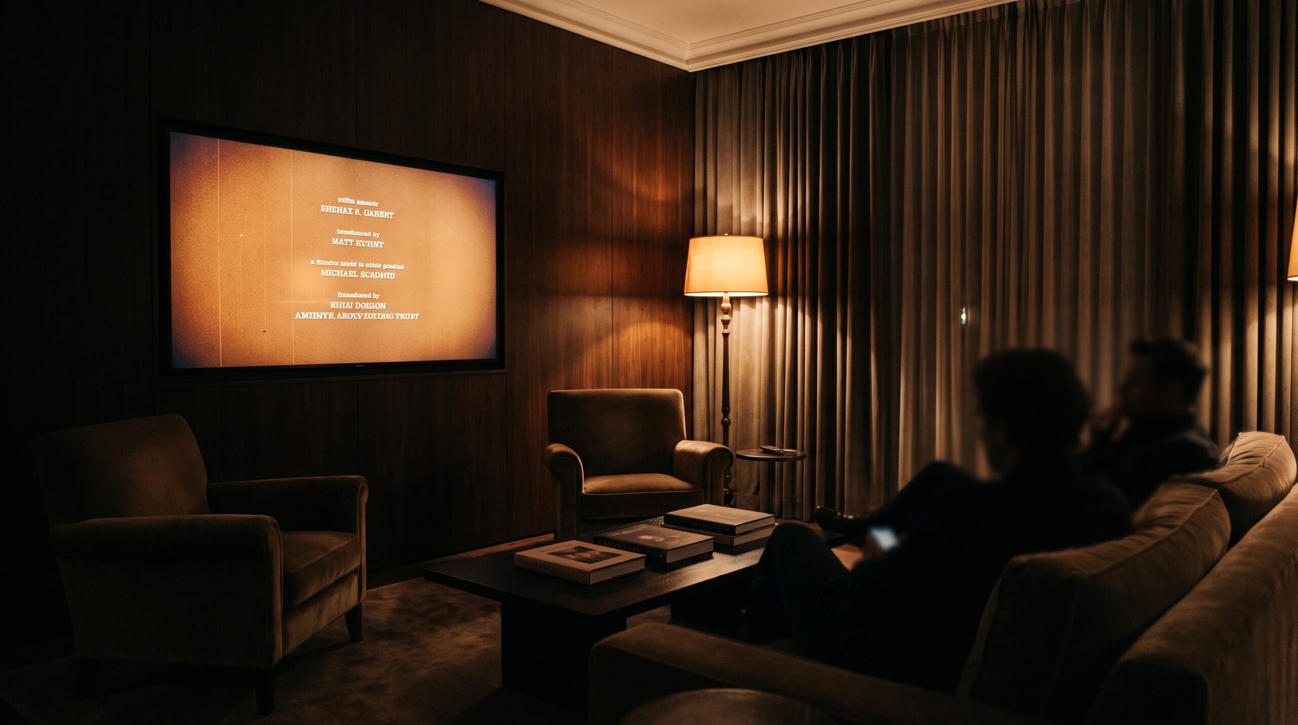 Large television glowing amber in a dimly lit living room, ready for a 210 Digital streaming channel movie.