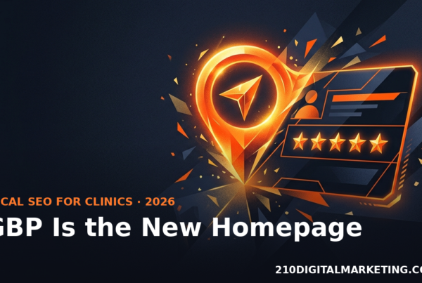 Map pin morphing into a profile card with five stars illustrating Google Business Profile healthcare local SEO in 2026