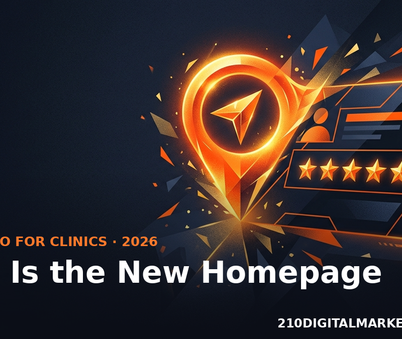 Map pin morphing into a profile card with five stars illustrating Google Business Profile healthcare local SEO in 2026