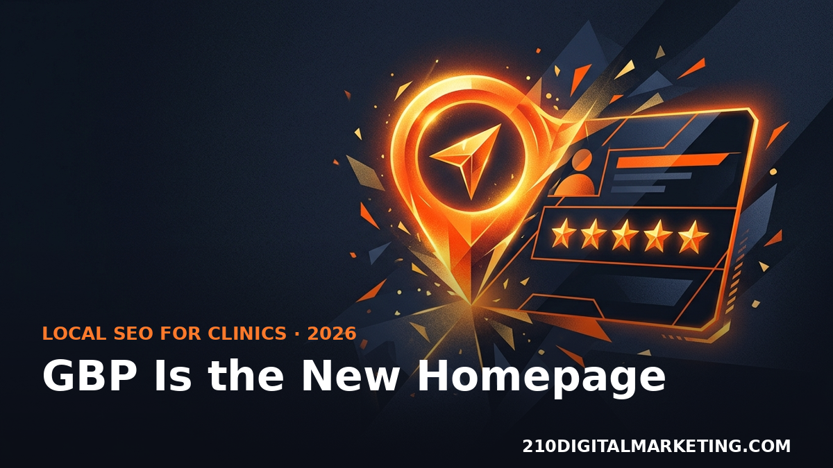 Map pin morphing into a profile card with five stars illustrating Google Business Profile healthcare local SEO in 2026