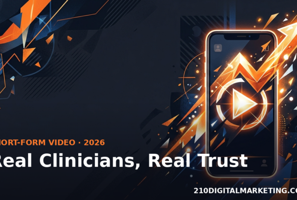 Vertical phone frame with a clinician silhouette and rising arrow illustrating healthcare short form video marketing in 2026