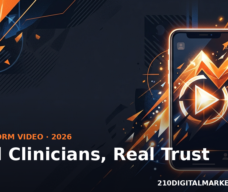 Vertical phone frame with a clinician silhouette and rising arrow illustrating healthcare short form video marketing in 2026