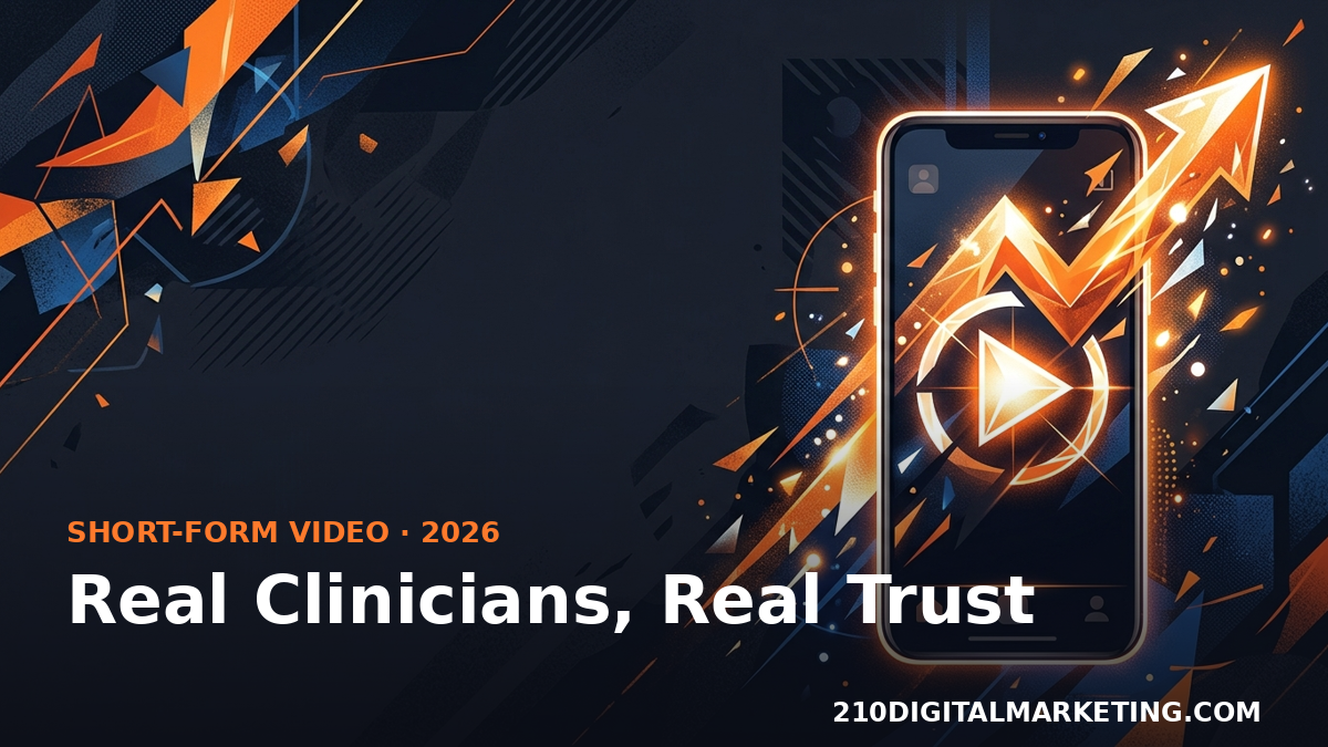 Vertical phone frame with a clinician silhouette and rising arrow illustrating healthcare short form video marketing in 2026