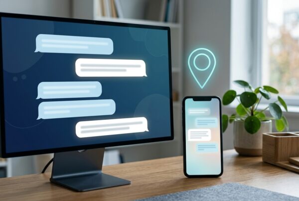 Patient using a ChatGPT-style AI assistant on a phone and desktop to find a doctor