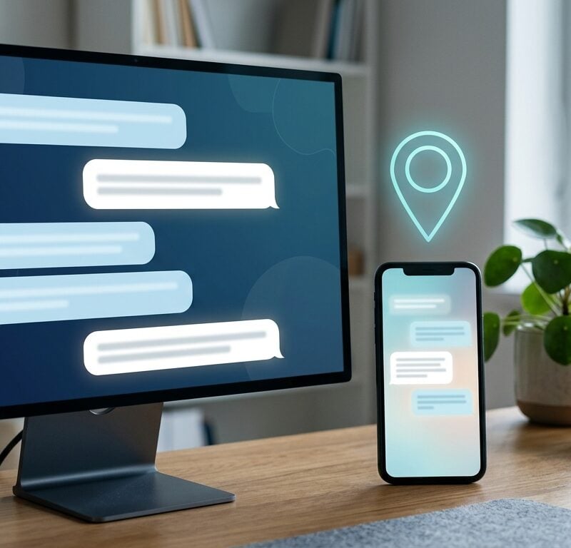 Patient using a ChatGPT-style AI assistant on a phone and desktop to find a doctor