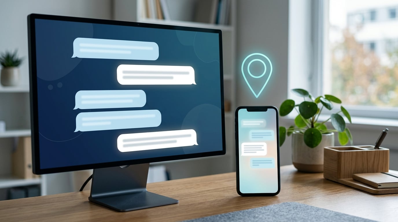 Patient using a ChatGPT-style AI assistant on a phone and desktop to find a doctor