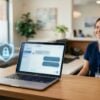 HIPAA-compliant AI chatbot widget on a medical clinic reception laptop