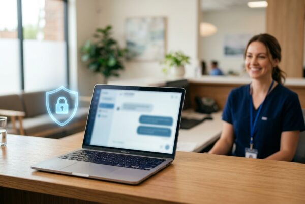HIPAA-compliant AI chatbot widget on a medical clinic reception laptop