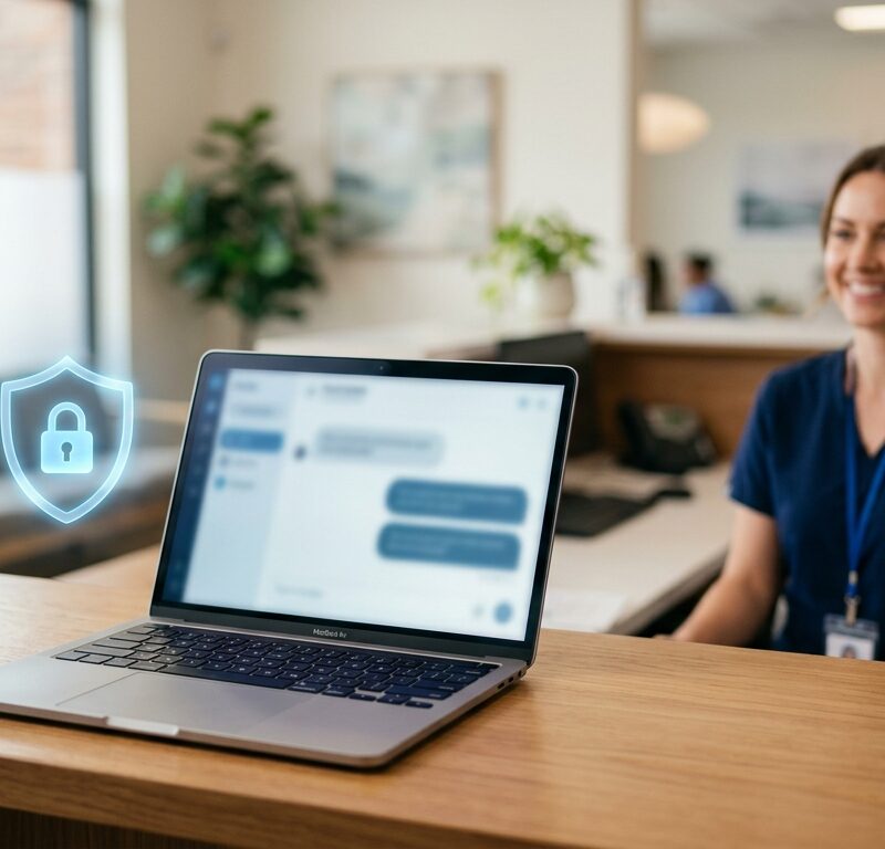 HIPAA-compliant AI chatbot widget on a medical clinic reception laptop