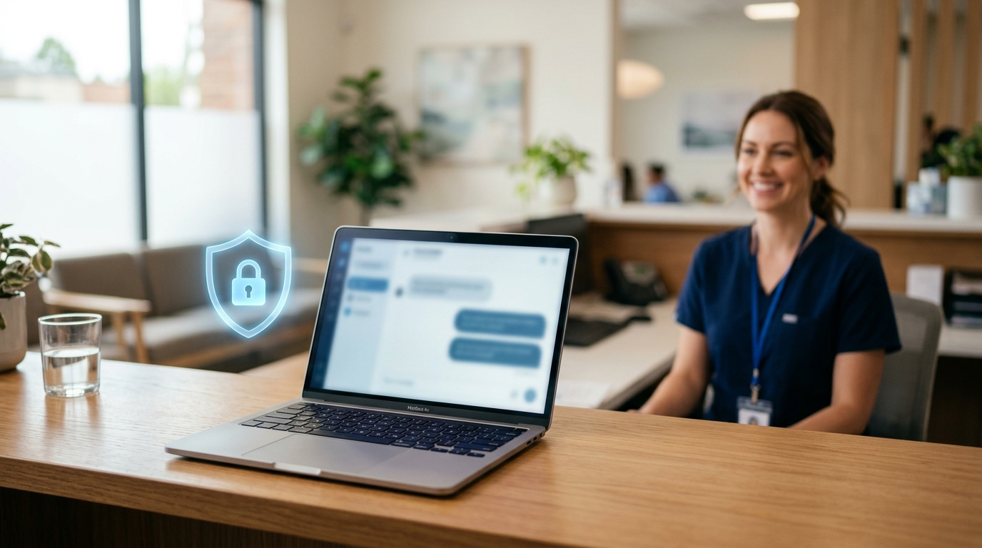 HIPAA-compliant AI chatbot widget on a medical clinic reception laptop
