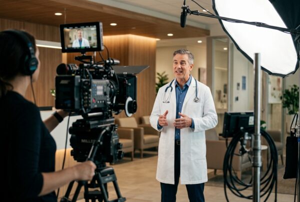 Physician recording a provider-led healthcare video on a cinematic production set