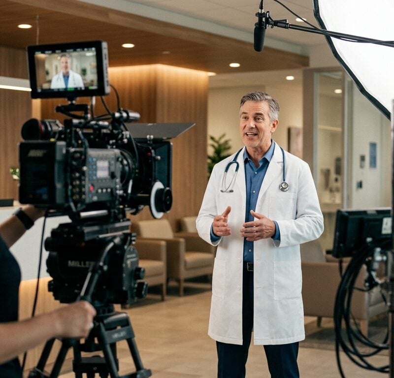 Physician recording a provider-led healthcare video on a cinematic production set