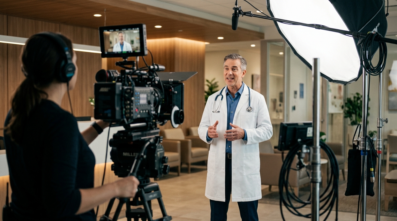 Physician recording a provider-led healthcare video on a cinematic production set