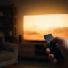 Hand pointing a minimalist TV remote at a glowing screen during buy-to-own streaming.