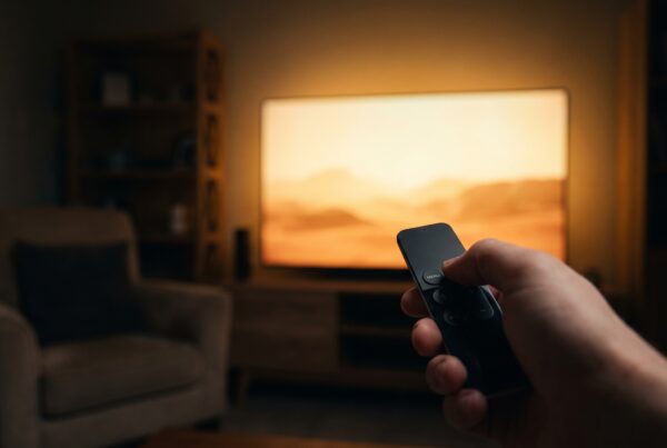Hand pointing a minimalist TV remote at a glowing screen during buy-to-own streaming.