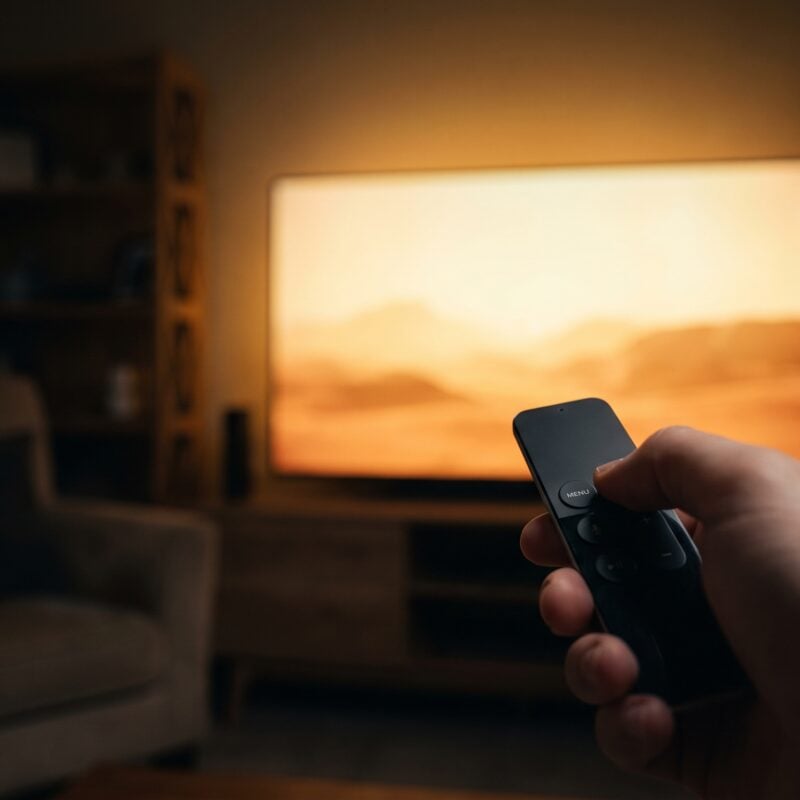 Hand pointing a minimalist TV remote at a glowing screen during buy-to-own streaming.