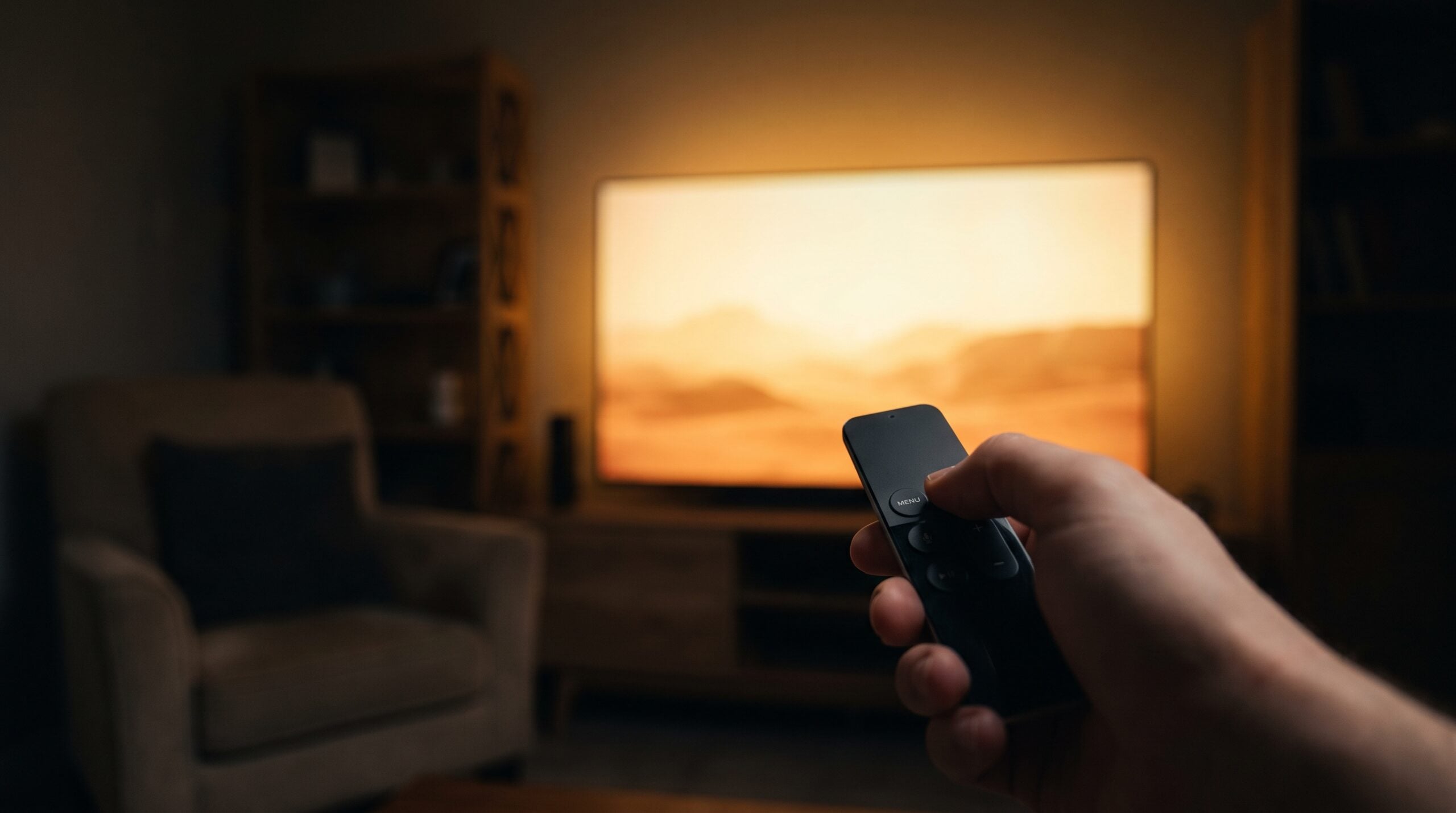 Hand pointing a minimalist TV remote at a glowing screen during buy-to-own streaming.