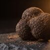 Freshly unearthed black truffle on dark slate celebrating the truffle town premiere.