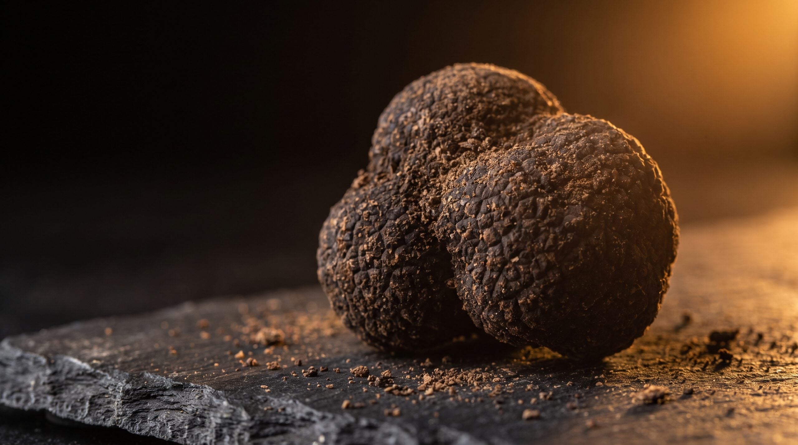 Freshly unearthed black truffle on dark slate celebrating the truffle town premiere.