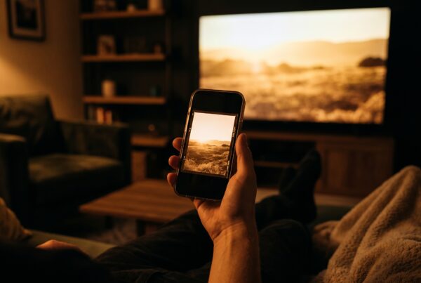 Hand holding an iPhone playing a movie via the 210 Digital app, with a blurred TV mirroring the scene in the background.