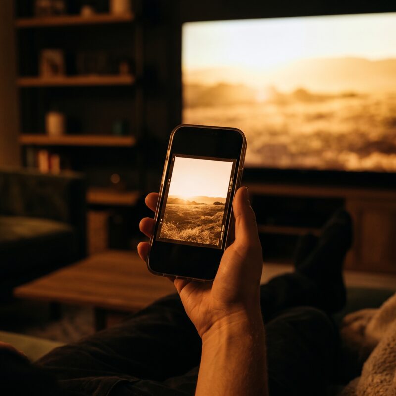 Hand holding an iPhone playing a movie via the 210 Digital app, with a blurred TV mirroring the scene in the background.