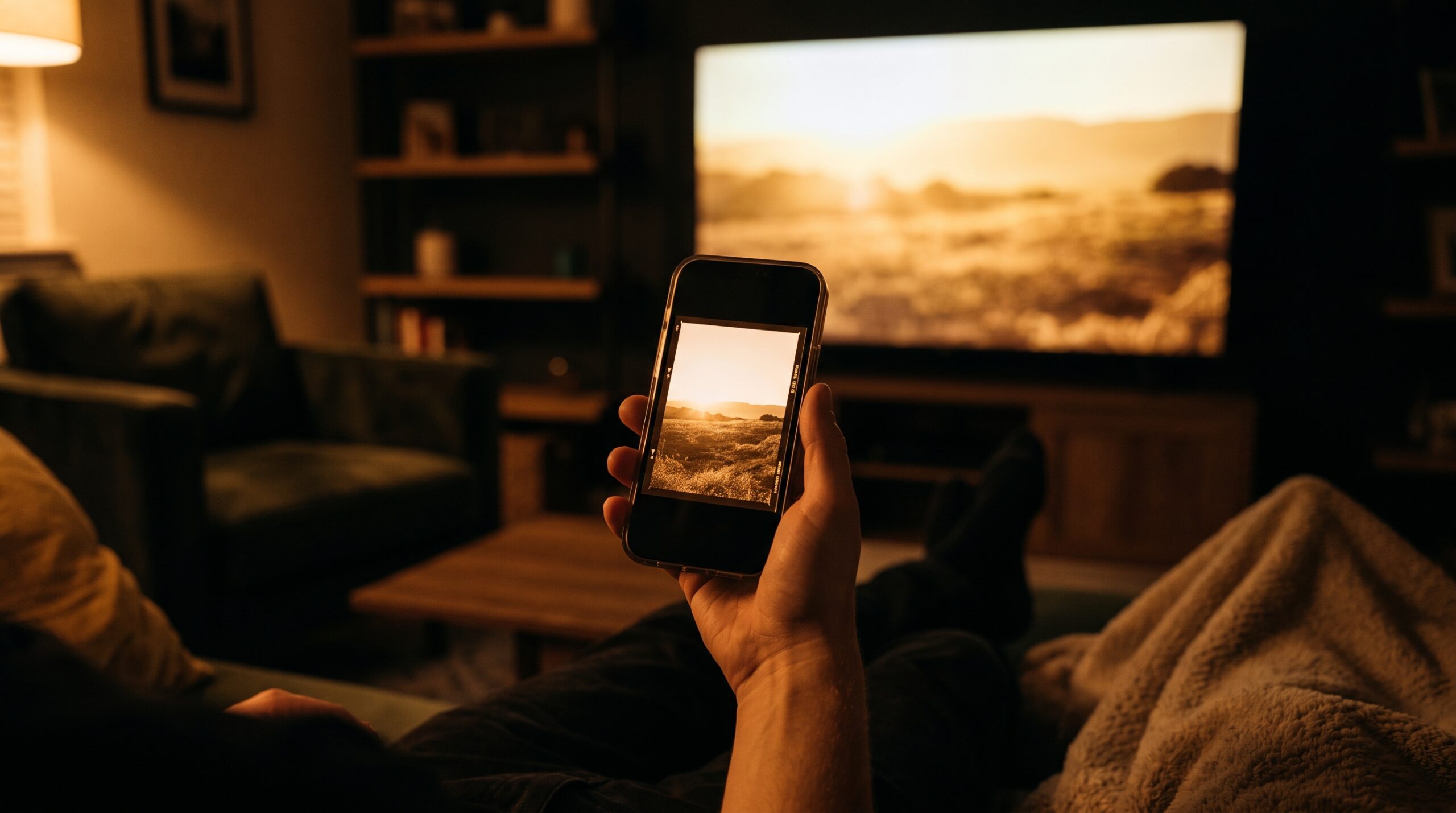 Hand holding an iPhone playing a movie via the 210 Digital app, with a blurred TV mirroring the scene in the background.