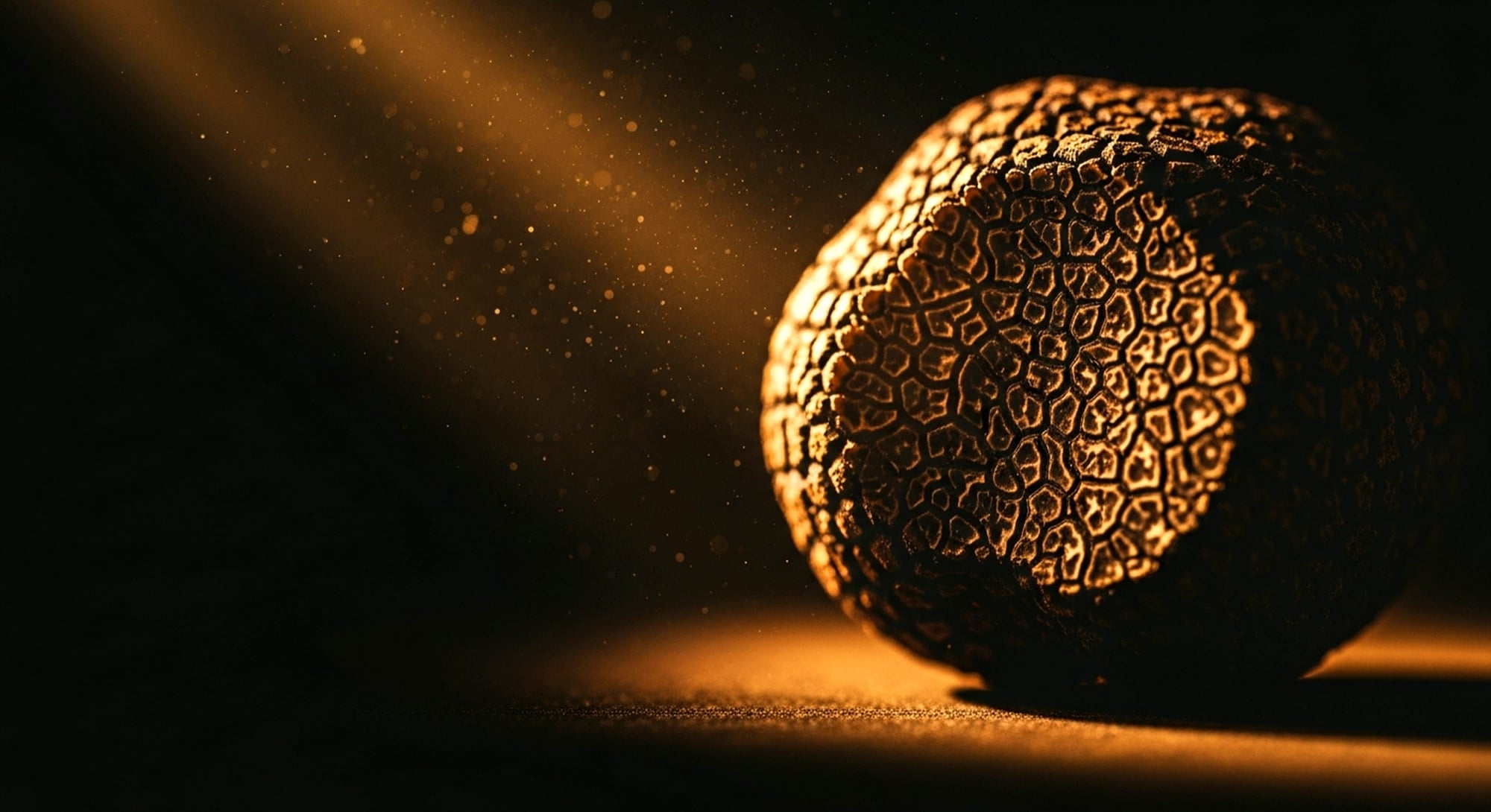 A single truffle, rim-lit in warm amber, against deep black soil