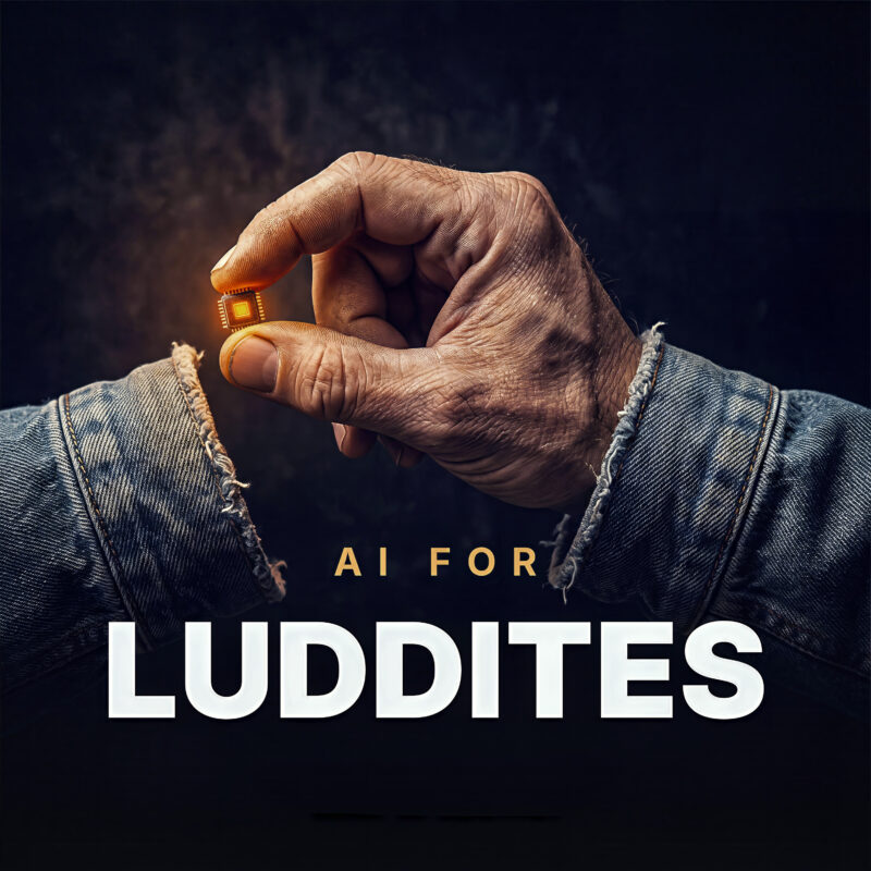 A weathered hand pinching a glowing microchip; title text AI For Luddites