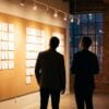 Two strategists comparing two columns of blank cards on an agency wall representing AEO vs SEO strategy