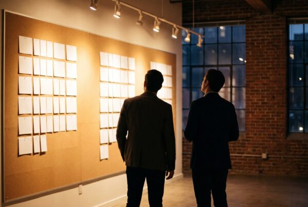 Two strategists comparing two columns of blank cards on an agency wall representing AEO vs SEO strategy