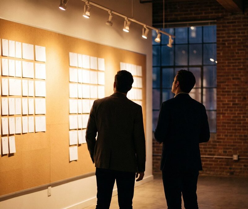 Two strategists comparing two columns of blank cards on an agency wall representing AEO vs SEO strategy