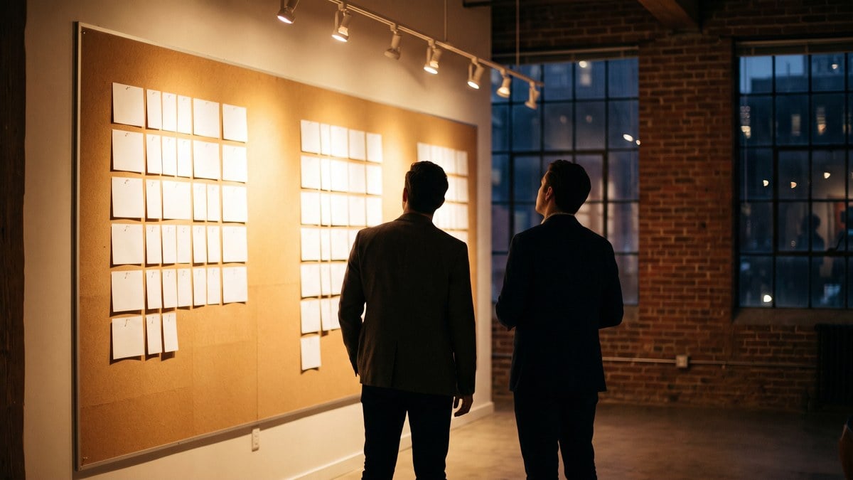 Two strategists comparing two columns of blank cards on an agency wall representing AEO vs SEO strategy