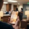 Patient reading a softly blurred AI answer on a phone in a clinic waiting room, showing AI Overviews in healthcare search