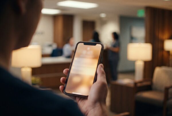 Patient reading a softly blurred AI answer on a phone in a clinic waiting room, showing AI Overviews in healthcare search