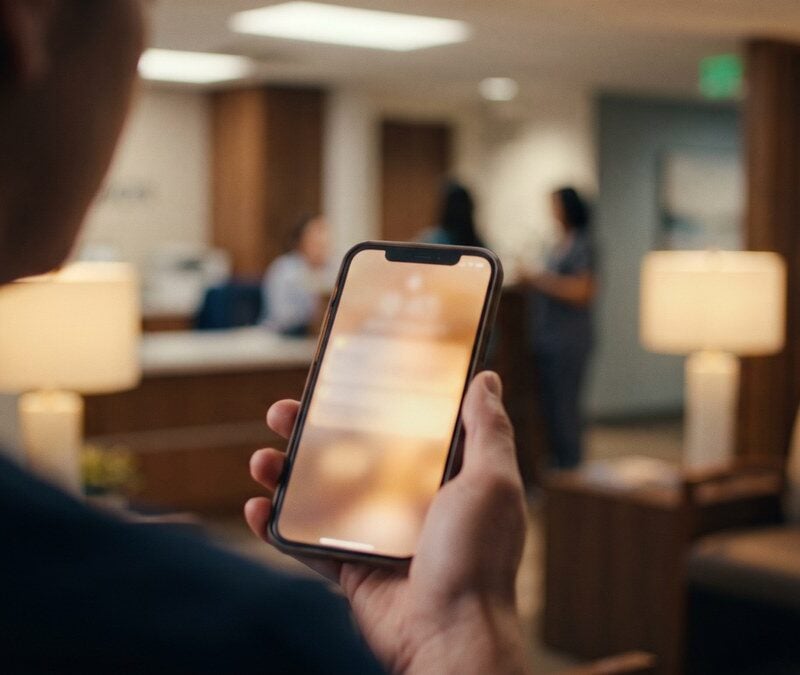 Patient reading a softly blurred AI answer on a phone in a clinic waiting room, showing AI Overviews in healthcare search
