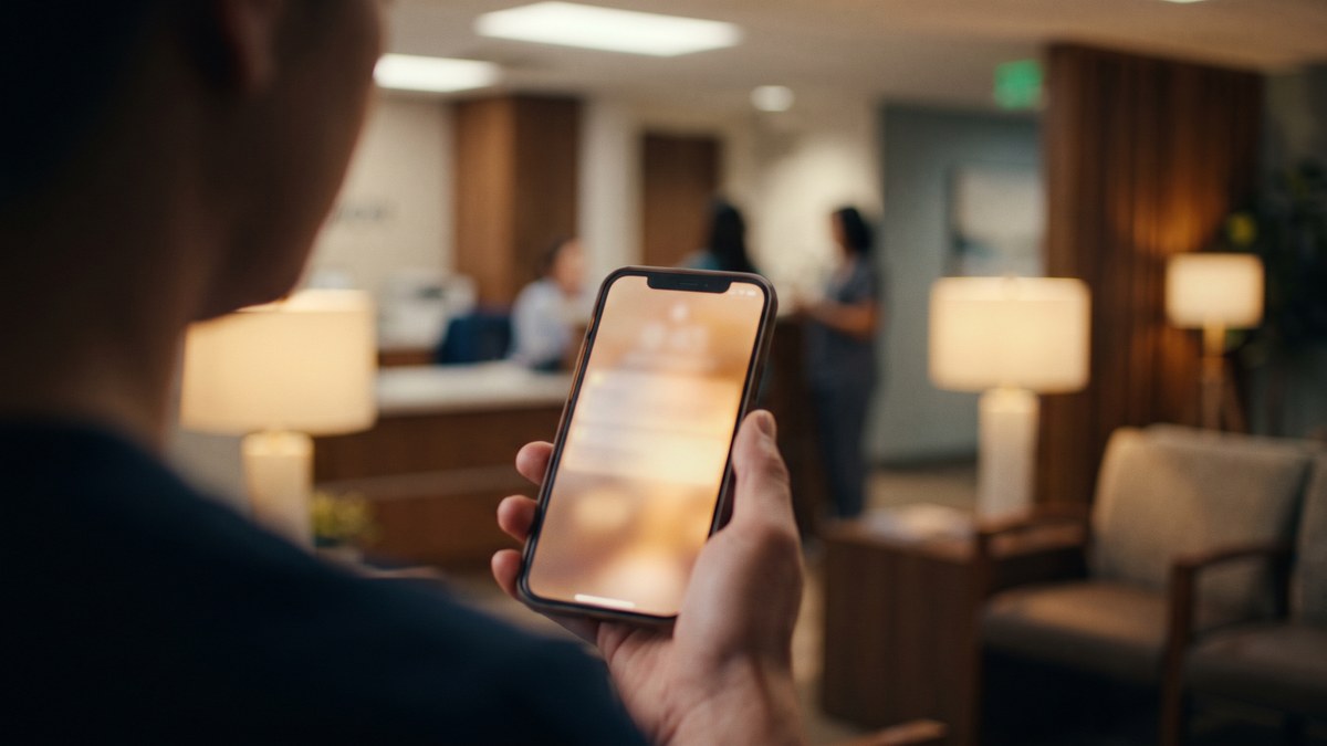 Patient reading a softly blurred AI answer on a phone in a clinic waiting room, showing AI Overviews in healthcare search