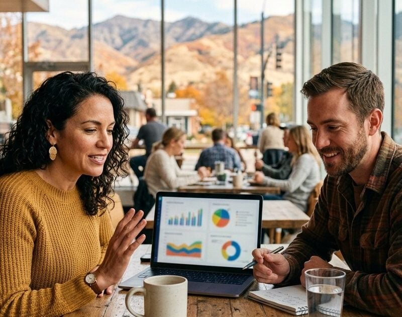 Eagle, Idaho business owner and marketing strategist reviewing local search results on a laptop