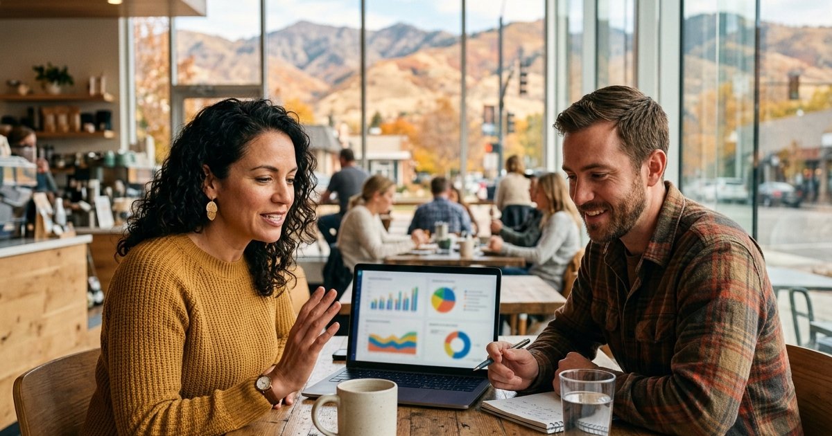 Eagle, Idaho business owner and marketing strategist reviewing local search results on a laptop