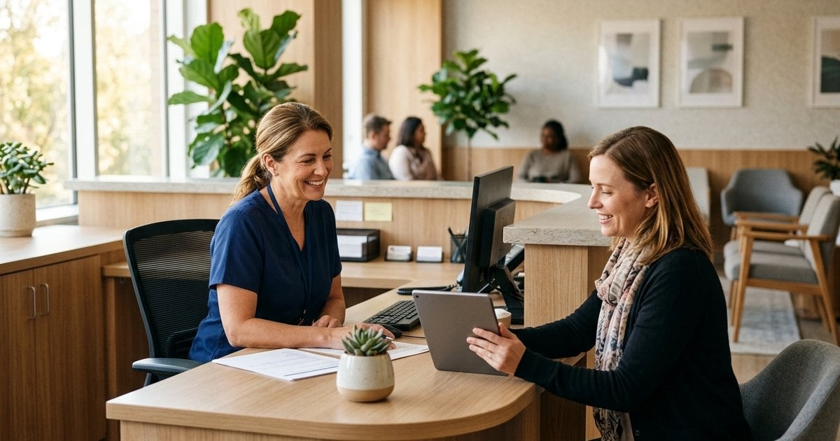 Receptionist at a modern outpatient clinic front desk greeting a patient checking in on a tablet