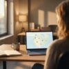 Practice manager reviewing a softly blurred map listing on a laptop, optimizing a healthcare Google Business Profile