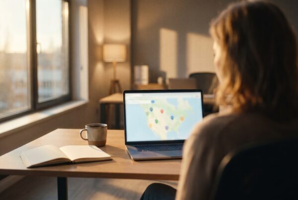 Practice manager reviewing a softly blurred map listing on a laptop, optimizing a healthcare Google Business Profile