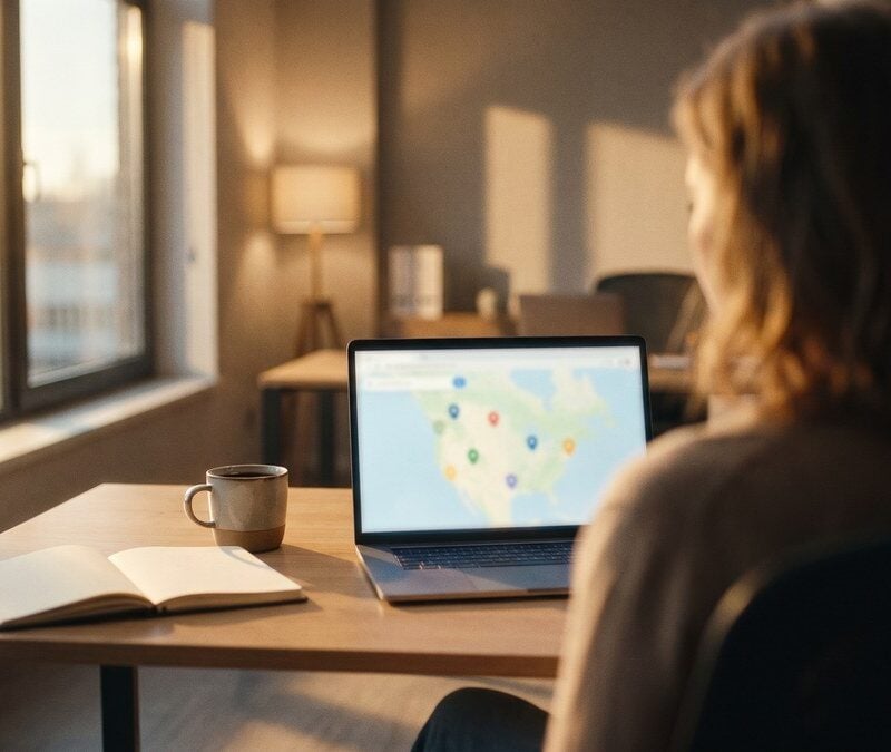 Practice manager reviewing a softly blurred map listing on a laptop, optimizing a healthcare Google Business Profile