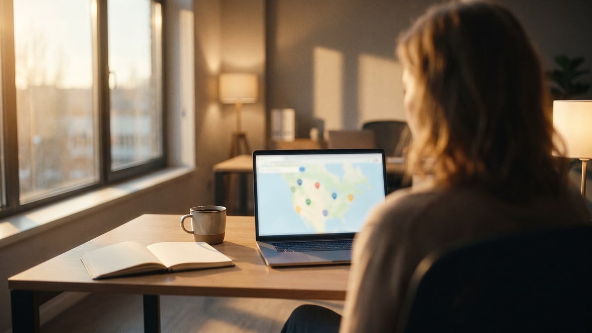Practice manager reviewing a softly blurred map listing on a laptop, optimizing a healthcare Google Business Profile
