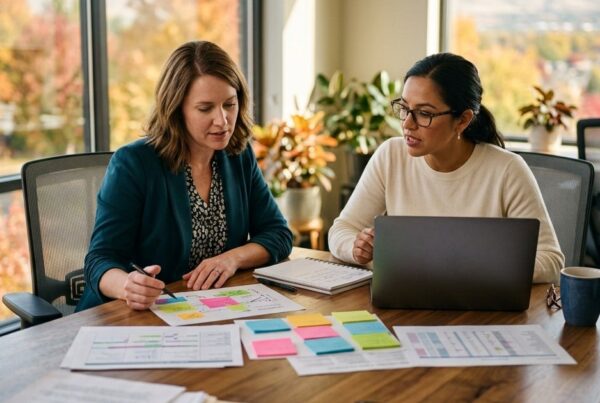 Two healthcare practice administrators planning a 2027 marketing budget at a conference table