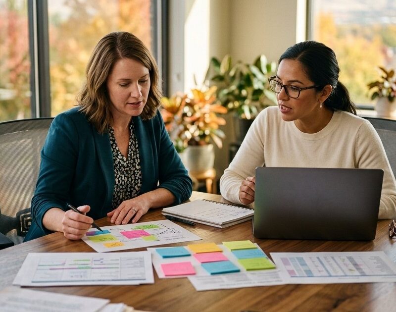 Two healthcare practice administrators planning a 2027 marketing budget at a conference table